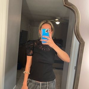 black lace puff sleeve top